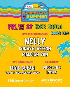 Z100’s Jumpstart To Summer Flyer with palm trees and a graphic of a plane flying pulling a banner, seagulls flying around it with the ocean below and the sun behind the plane 