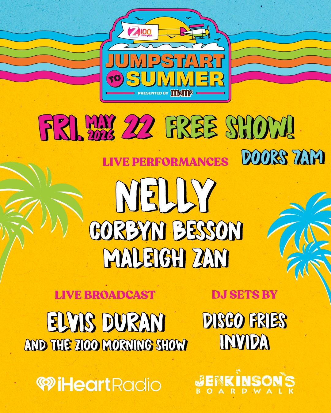 Z100’s Jumpstart To Summer Flyer with palm trees and a graphic of a plane flying pulling a banner, seagulls flying around it with the ocean below and the sun behind the plane