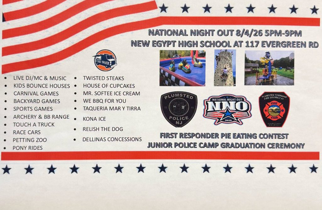 national night out flyer with a tan background, blue stars and red banner. American Flag 