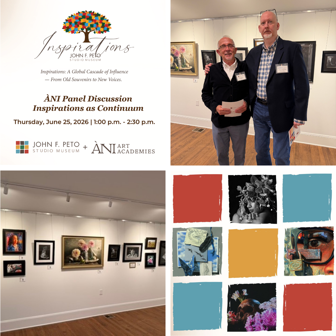 Two men satnding together posing for a photo, an art gallery and paintings