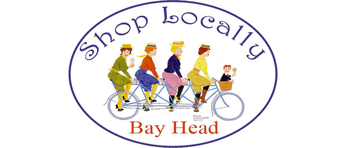 Shop Locally Bay Head with a graphic of four women riding a bicycle with a child in a basket on the handlebars