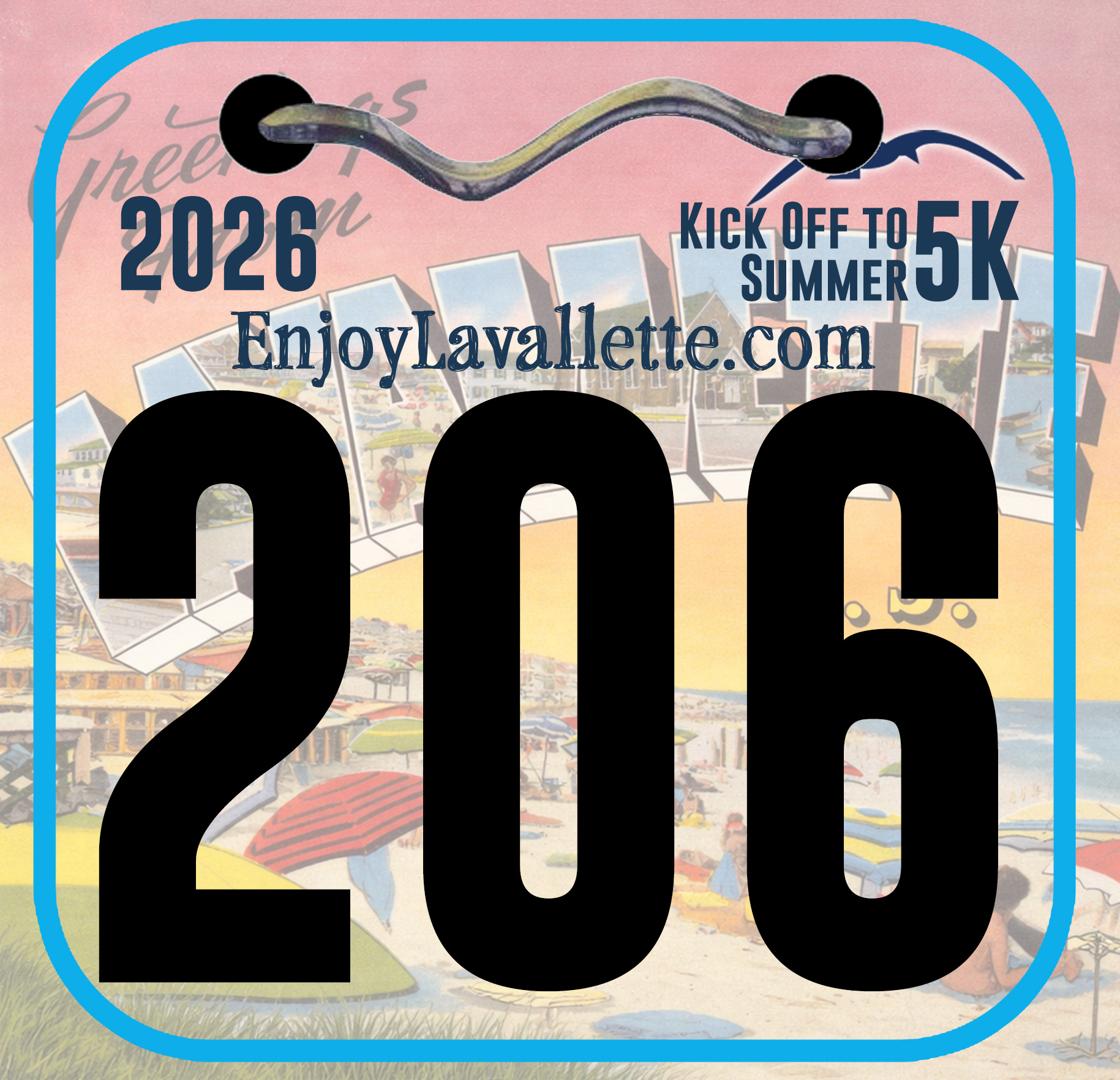 Beach Badge graphic with a beach as the background.