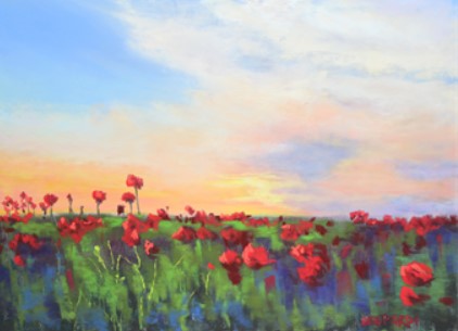 painting of red flowers in a field