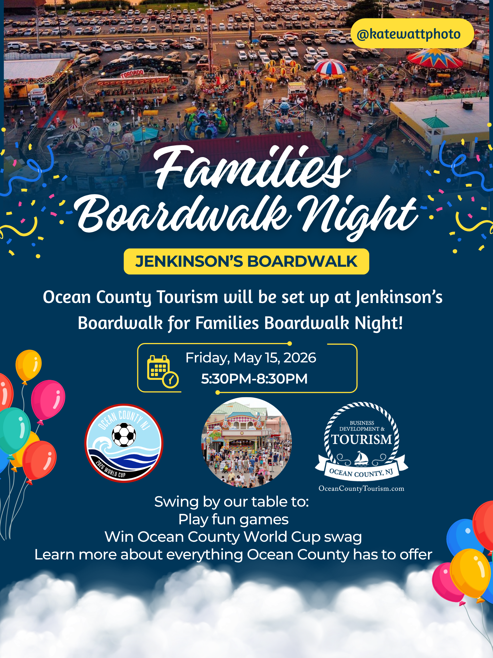 Families Boardwalk night flyer with aerial view of Jenkinson's Amusement Park and Boardwalk, Ocean County World Cup logo with aa soccer ball and Ocean County Tourism seal with sailboat