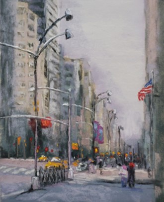 painting of a city street with tall buildings and people walking