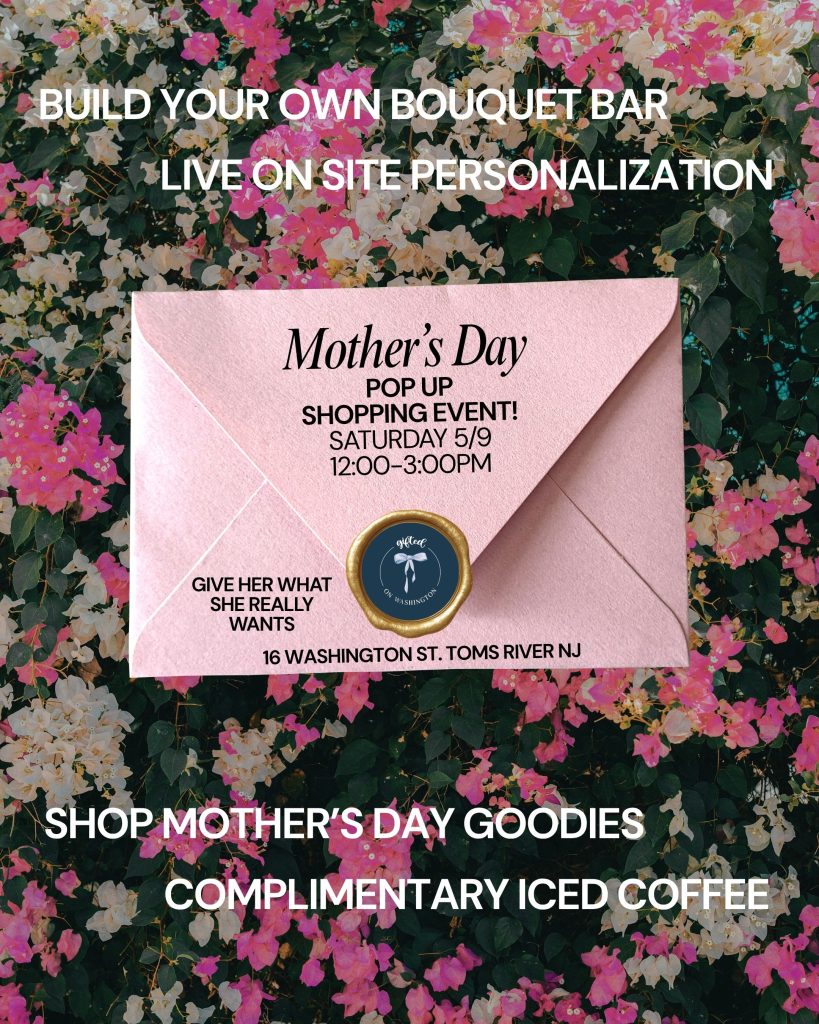 pink envelope on a pink and white floral background for a Mother's Day pop up event flyer 