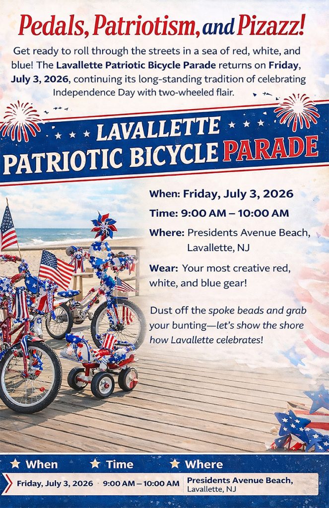 patriotic bicycles on the boardwalk overlooking the ocean 