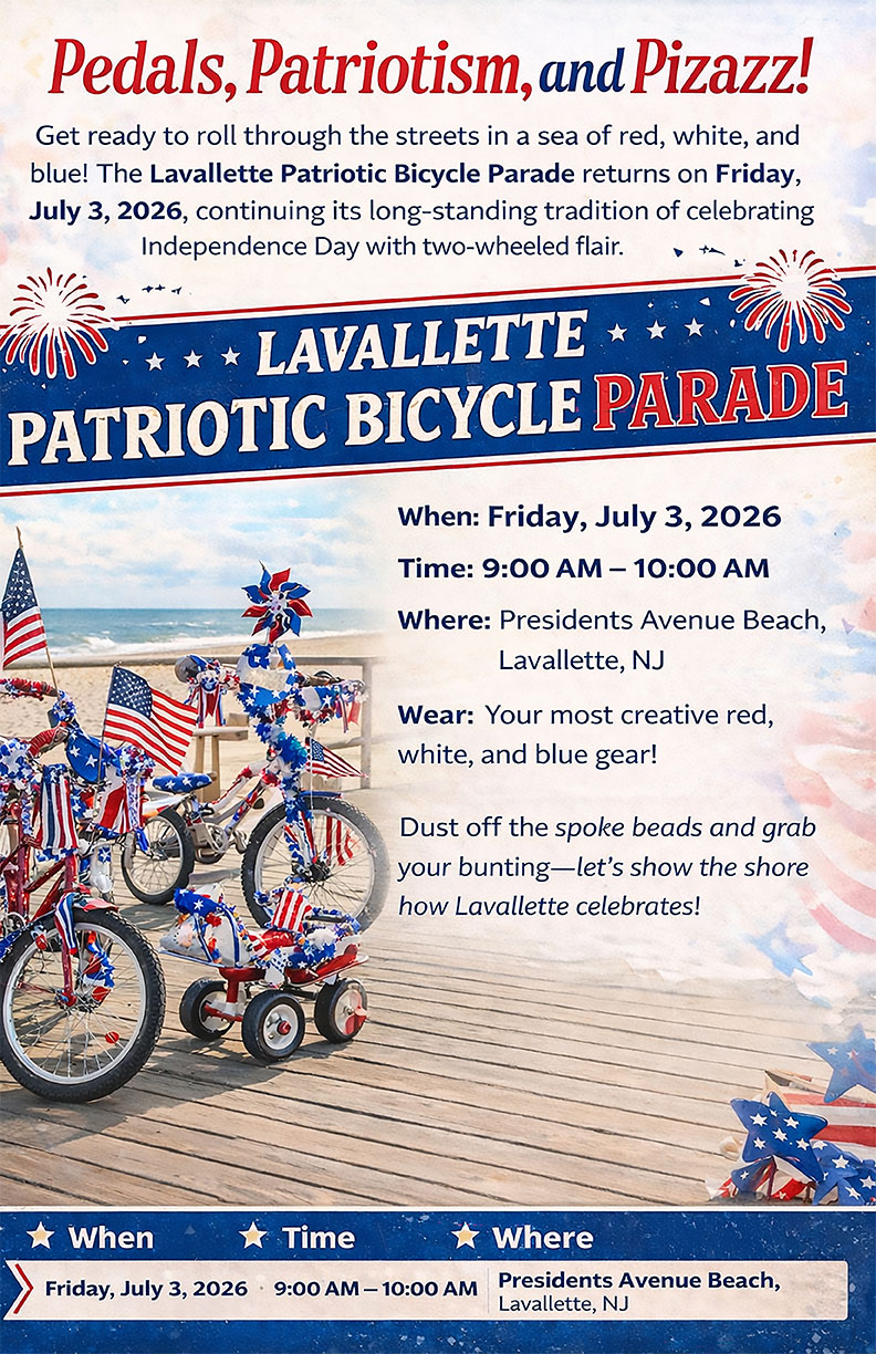 patriotic bicycles on the boardwalk overlooking the ocean