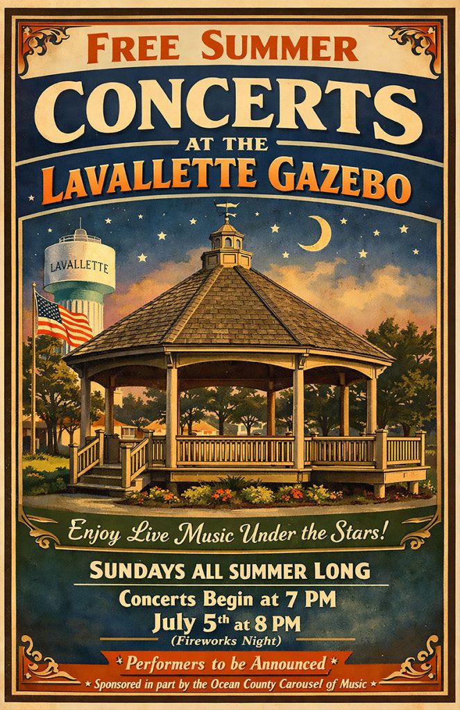Graphic of a gazebo under the moon and stars, American Flag on a flag pole and the Lavallette water tower on a free summer concerts flyer 