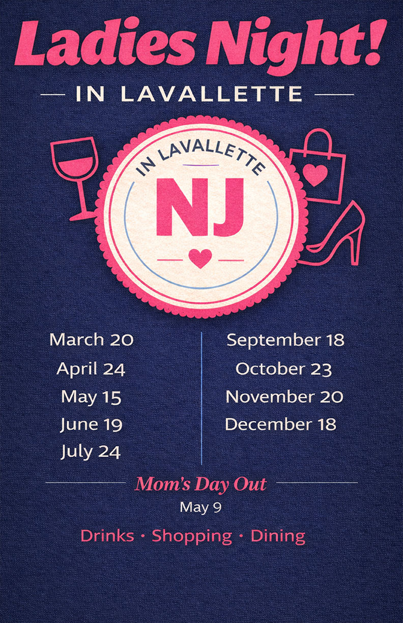 Ladies Night flyer for Lavallette with pink graphic of a heel, a shopping bag with a heart on it and a glass of wine