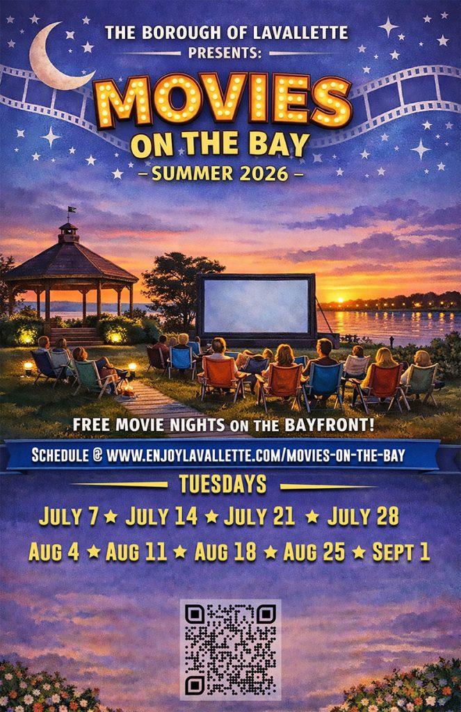 graphic of people sitting in lawn chairs watching a movie on a big screen overlooking the bay and a gazebo