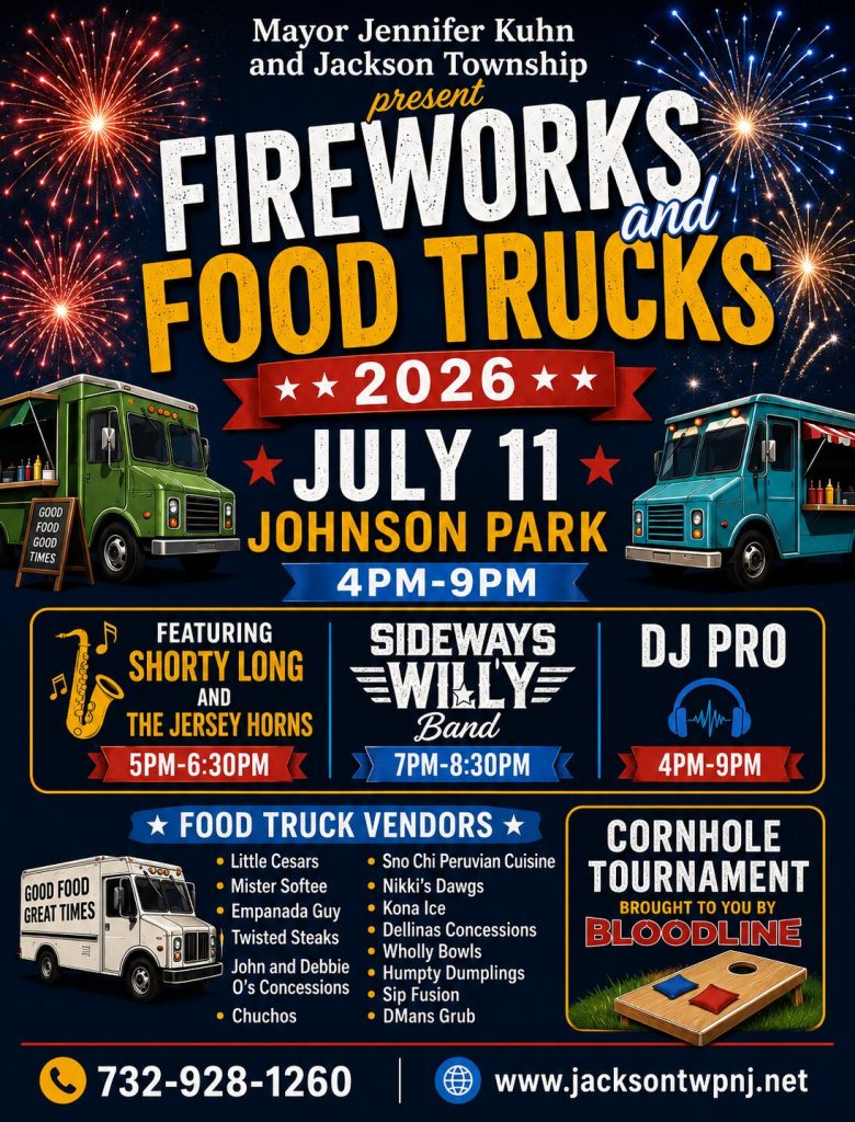 food trucks and fireworks flyer with graphics of food trucks, a cornhole board and fireworks 