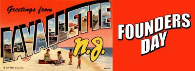 Greeting from Lavallette NJ Founders Day with graphic of people sitting on a beach