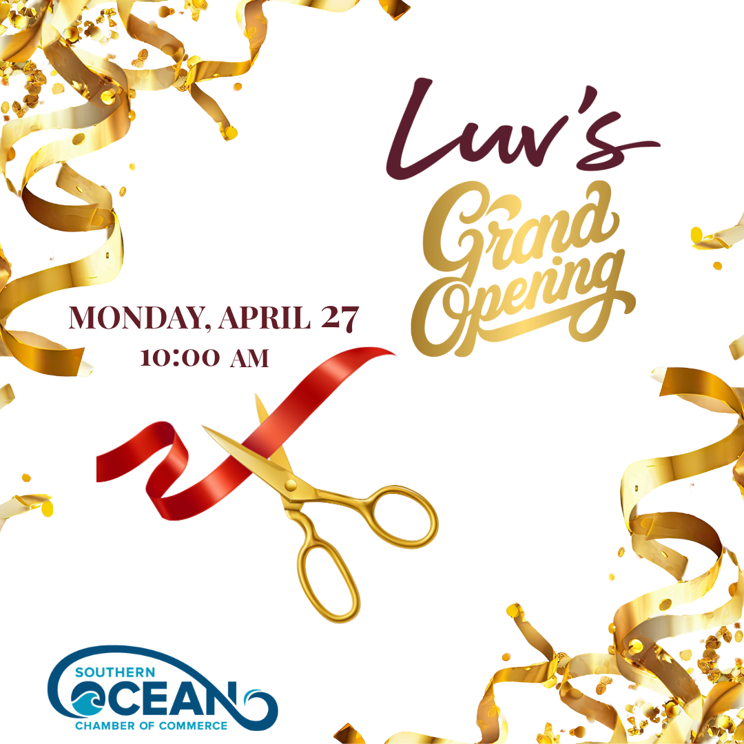 Luvs Grand Opening flyer with gold confetti and a gold scissor cutting a red ribbon