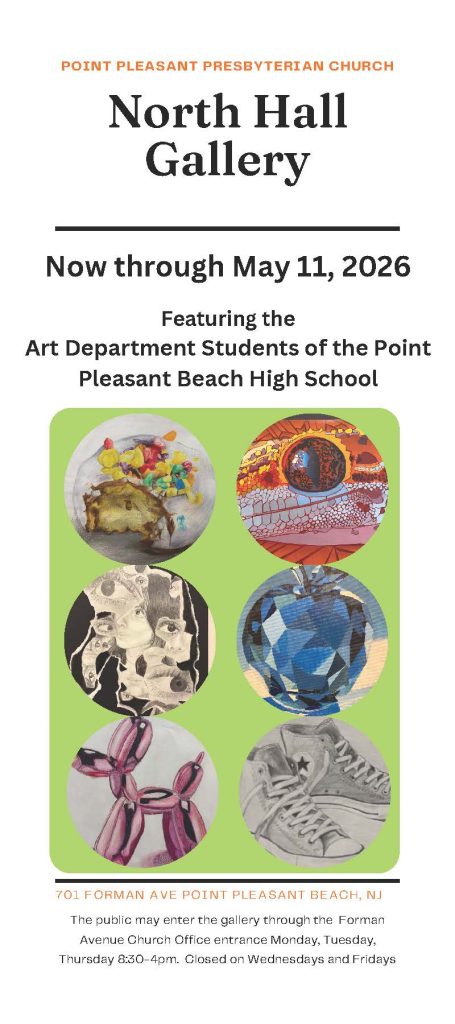 North Hall Gallery brochure will paintings of, balloon dog, sneakers, apple, lizard, a donut with a bite out of it and eyeball collage 