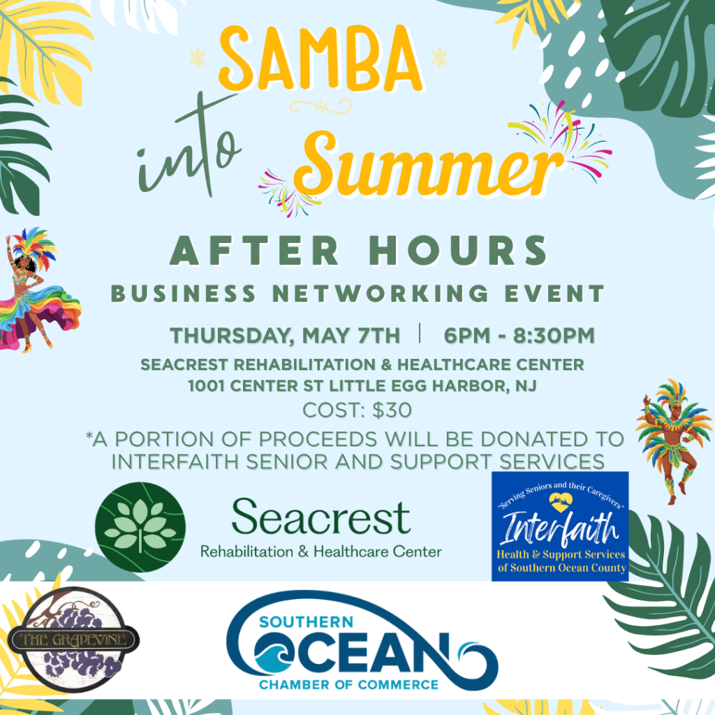 Samba into Summer flyer with graphic of palm tree leaves and people dancing