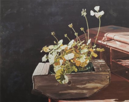 Watercolor painting of flowers in a wooden box