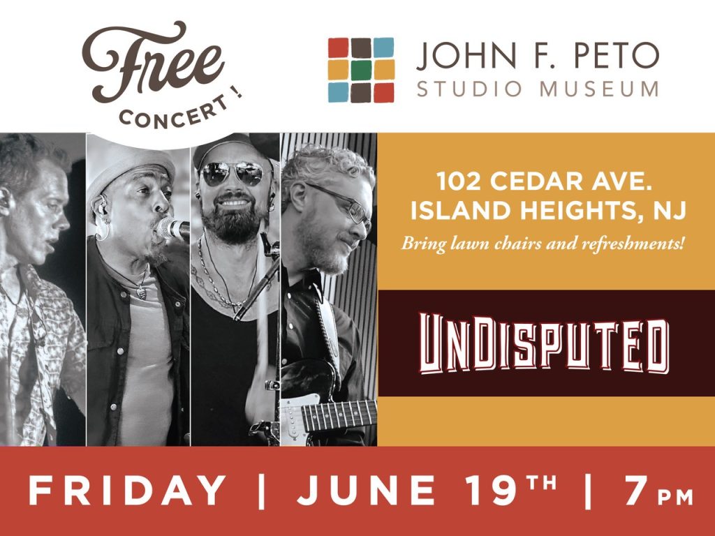 Undisputed singing and playing instruments on flyer for John F Peto Studio Museum free concert. 