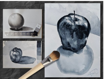 black and white watercolor paintings of apples
