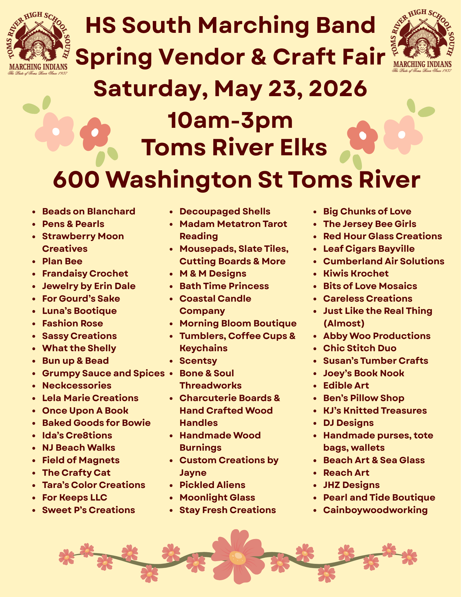 vendor craft fair flyer with flowers and Toms River High School South Marching Indians Logo
