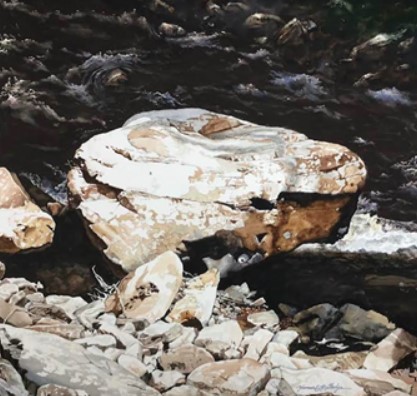 painting of rocks along the edge of a river