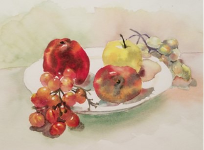 watercolor painting of grapes and apples on a plate