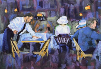 Painting of people eating in a cafe