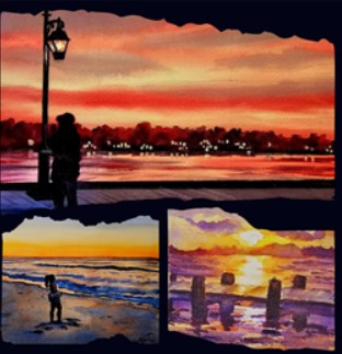 Paintings of people looking over the water during a sunset