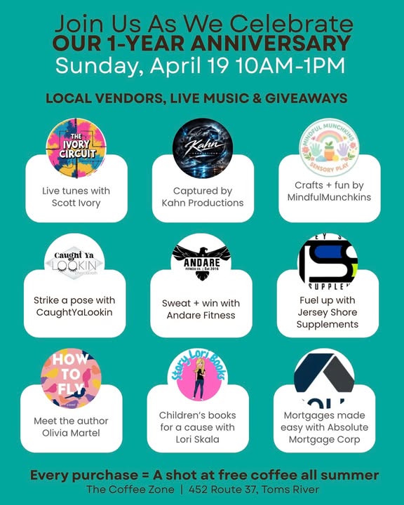 Coffee Zone one year anniversary flyer featuring vendors and live entertainment