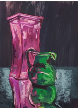 painting of a vase with a glass vase and glass pitcher