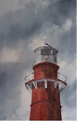 painting of dark sky over the Barnegat lighthouse