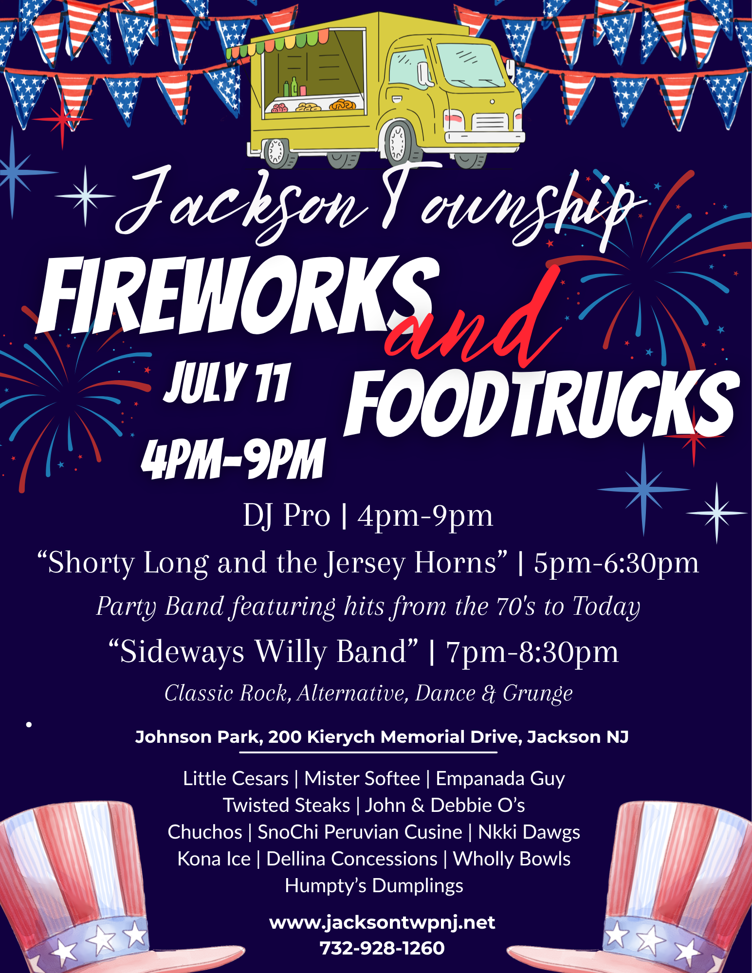 graphics of fireworks and a food truck on a flyer