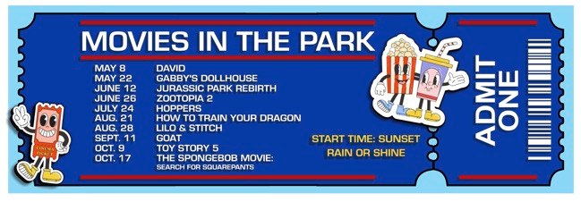 Movies int he Park Flyer for Beachwood Recreation with graphic of popcorn with legs and a movie ticket