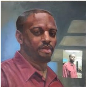 portrait painting of a man with original photo in background