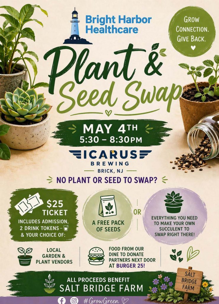 Plant & Seed Swap flyer with potted plants and seeds in a jar 