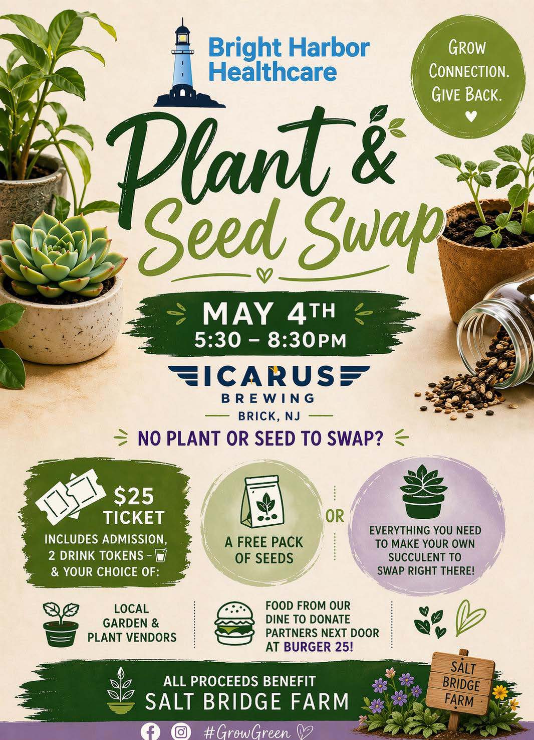 Plant & Seed Swap flyer with potted plants and seeds in a jar