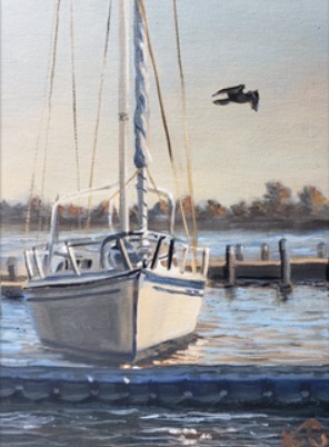 painting of a sailboat in the water with a dock behind it and a seagull flying