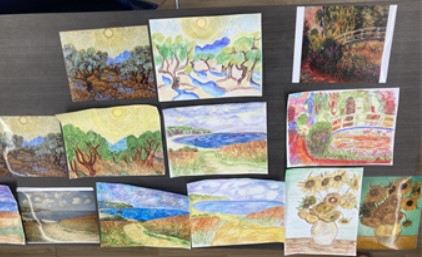 multiple watercolor drawings of landscapes and flowers