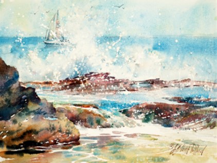 watercolor painting of ocean waves crashing into the beach and a sailboat in the ocean