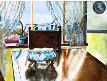 Painting of a table and chair in front of window