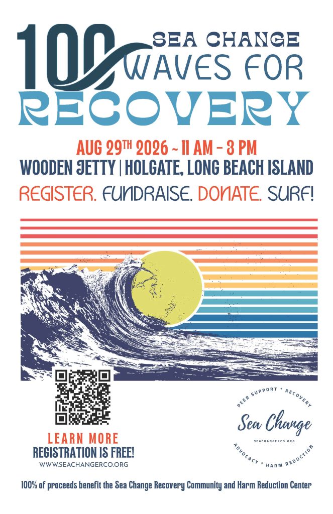 100 Waves for Recovery. Graphic of a wave in the ocean and a sun in the background