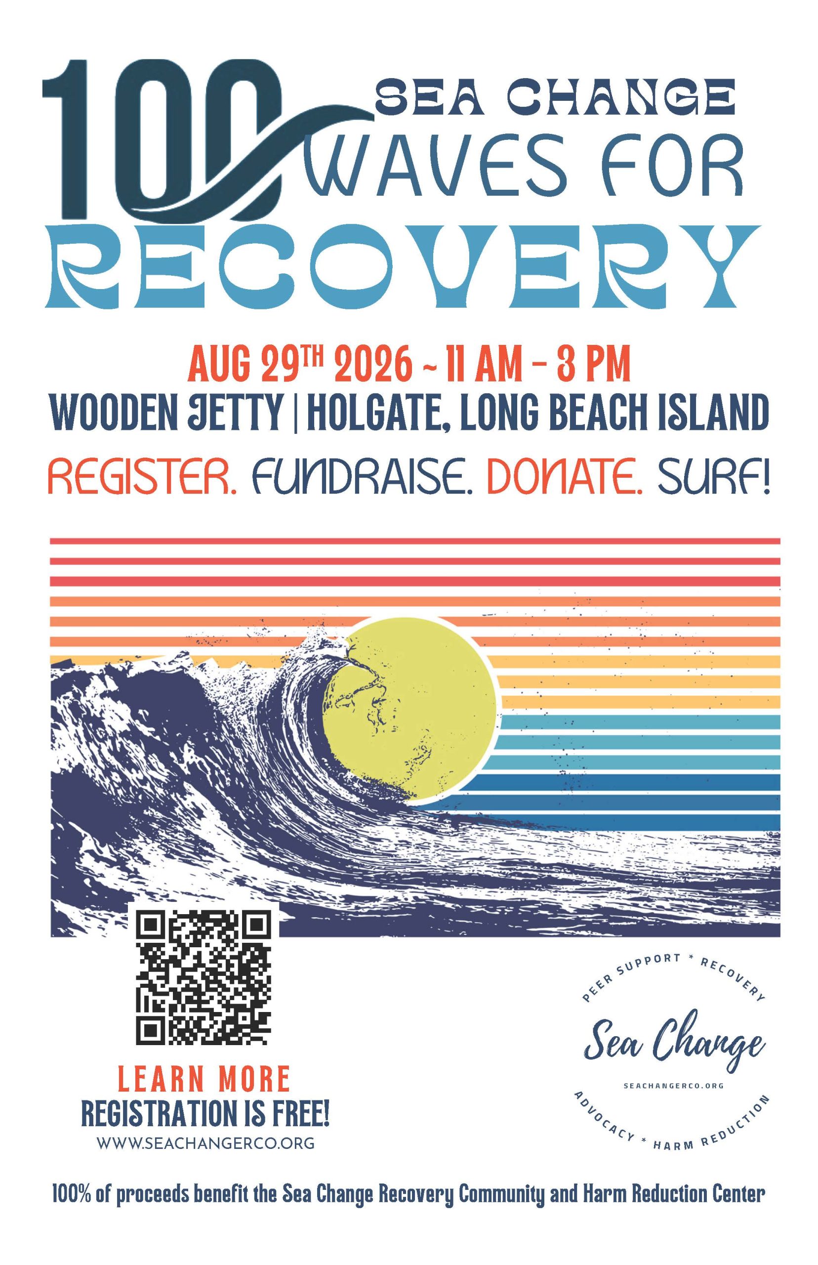 100 Waves for Recovery. Graphic of a wave in the ocean and a sun in the background