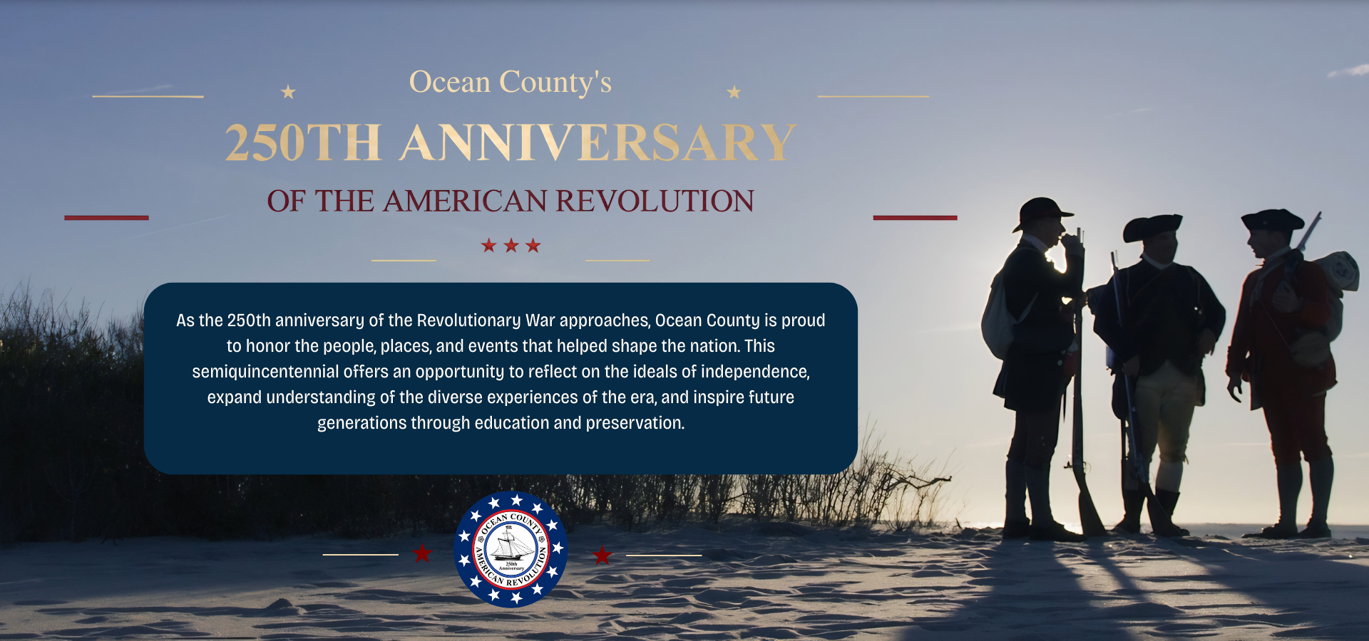 America 250 flyer with an image of three men dressed in revolutionary outfits on the beach 