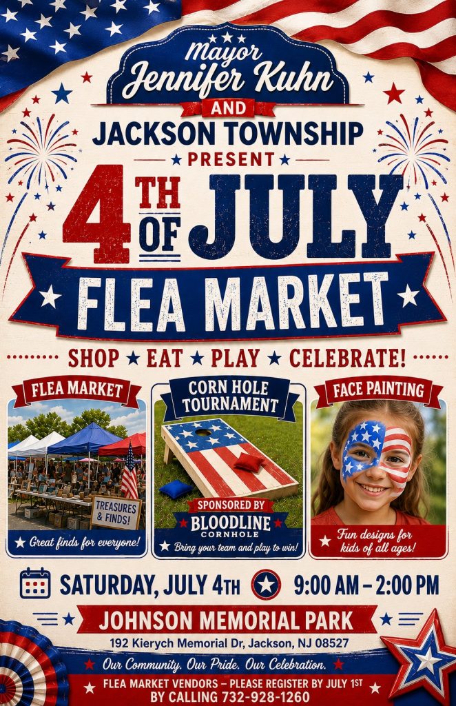 4th of July Flea Market flyer with red, white and blue background. Cornhole board with an American Flag, a child with red white and blue face paint and vendor tents.