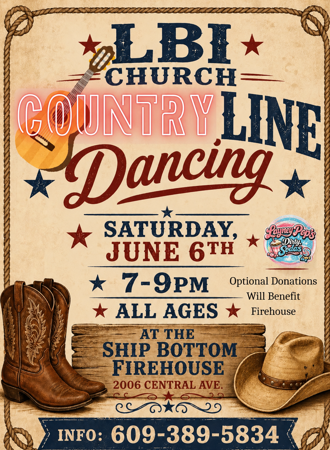 Country Line Dancing flyer with cowboy boots, a cowboy hat and a rope border