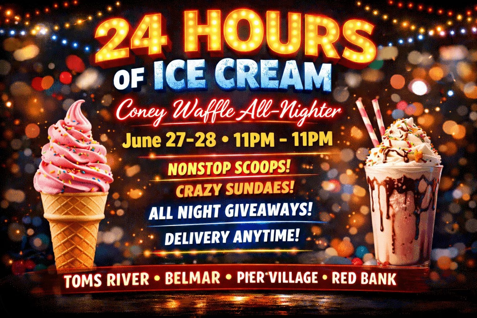 a milkshake with whipped ream, sprinkles and a straw and an ice cream cone with sprinkles
