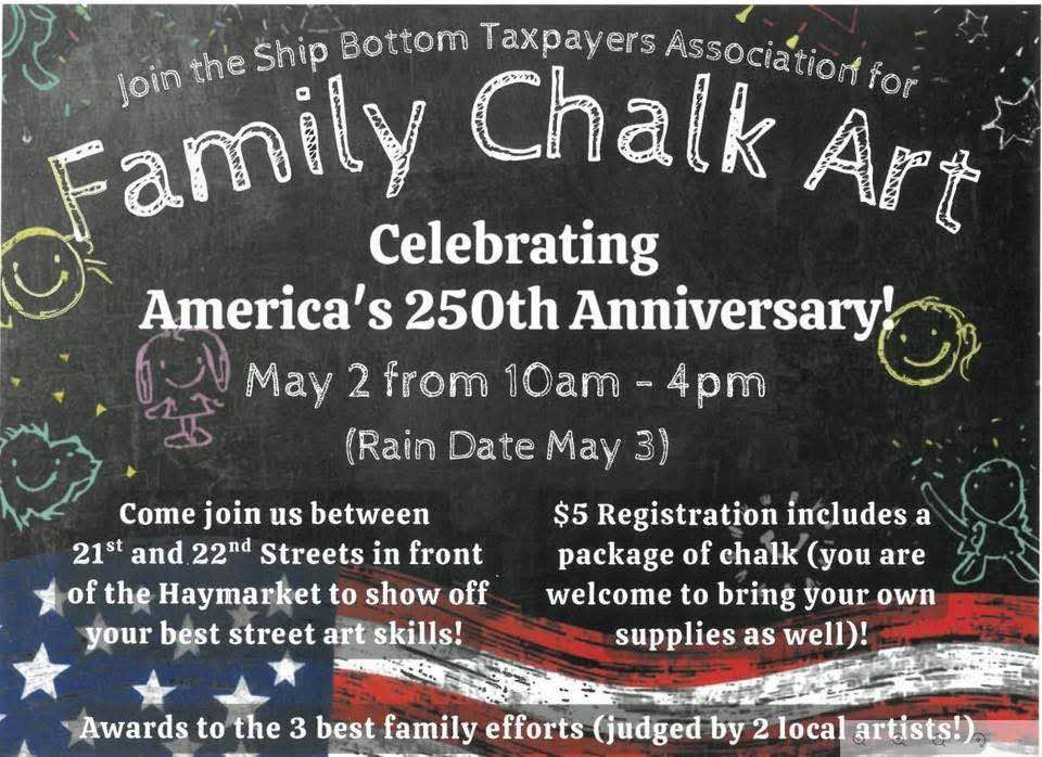 family chalk art flyer with an American flag on the bottom and a chalk board with drawings as the background