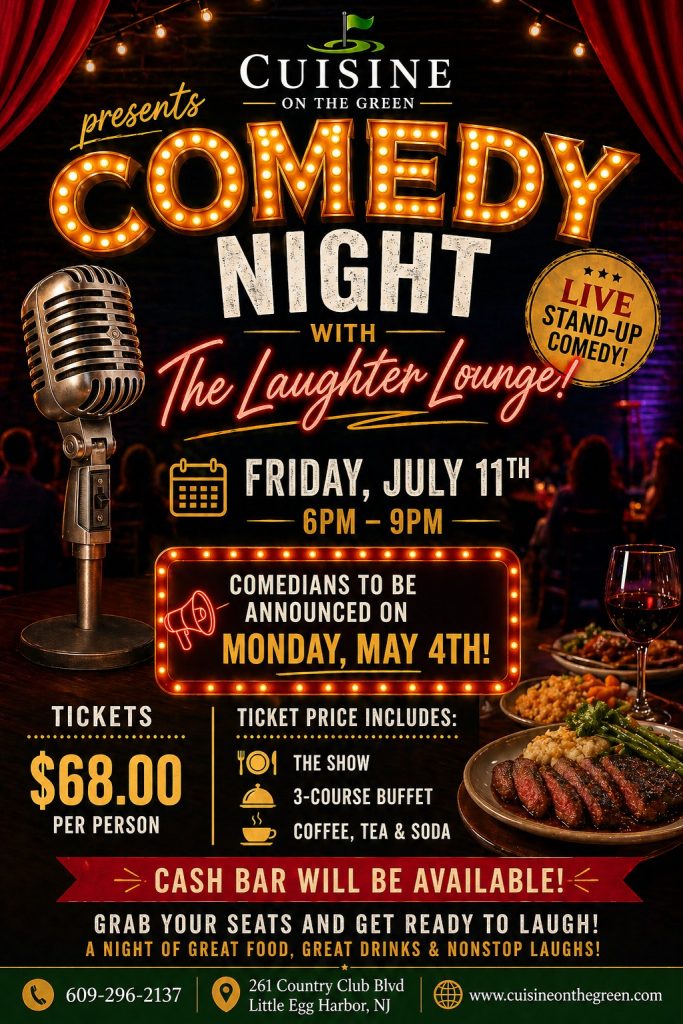 Comedy Night flyer with a steak dinner and sides, a glass of red wine, a microphone and people watching a show on stage 