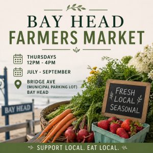 Farmers Market flyer with fruits and vegetables on a table and the beach int he background 