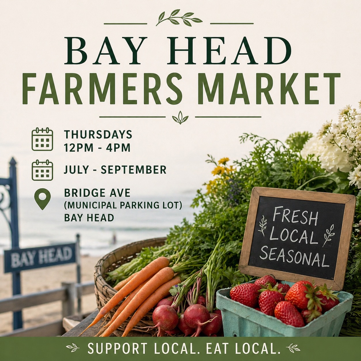Farmers Market flyer with fruits and vegetables on a table and the beach int he background